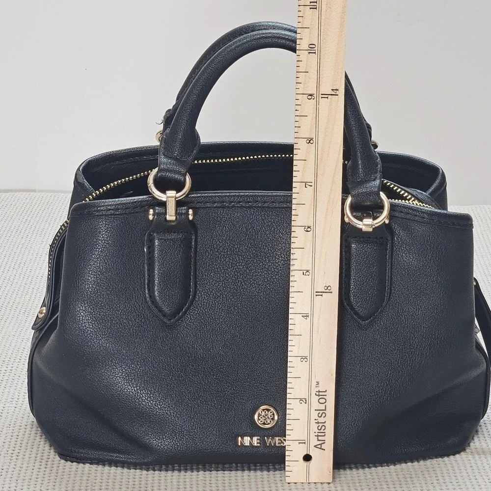 Nine West Black Pebbled Faux Leather Satchel Bag Gold Hardware Three Compartment